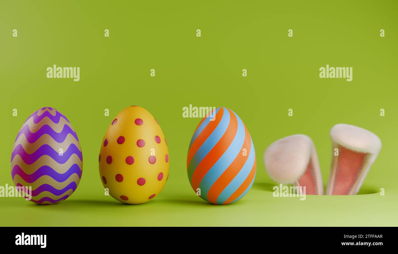 Bunny hunts for painted Easter eggs. 3D rendering Stock Photo