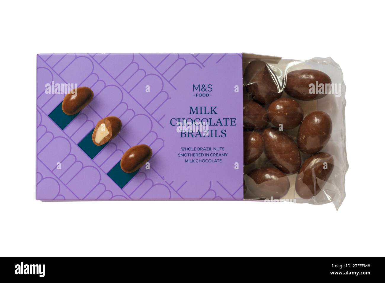 Box of Milk Chocolate coated Brazils brazil nuts opened to show