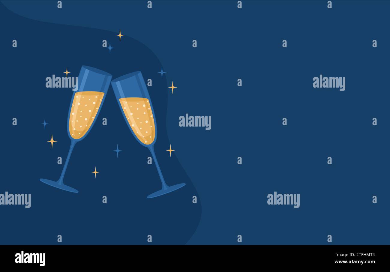 Two clinking glasses of sparkling wine or champagne on a dark blue background with copy space. Vector illustration in flat style Stock Vector