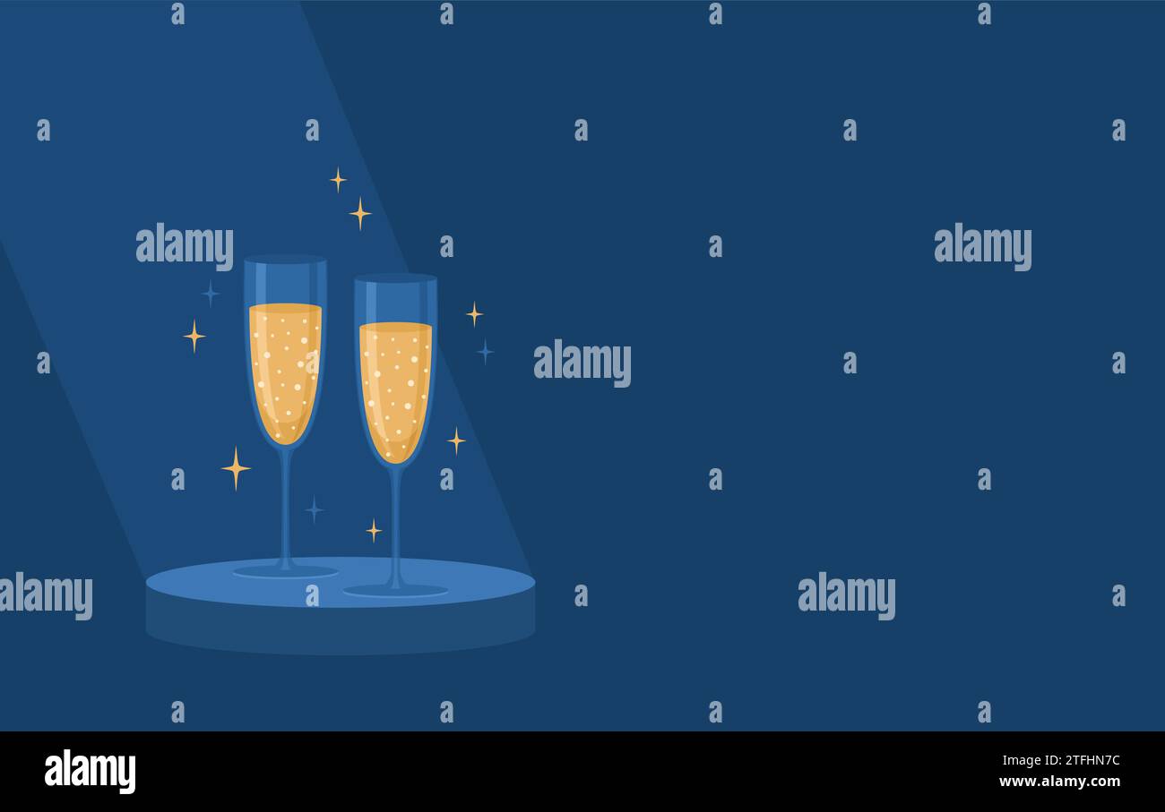 Two glasses of champagne or sparkling wine on pedestal under spotlight on blue background with copy space. Flat vector illustration Stock Vector