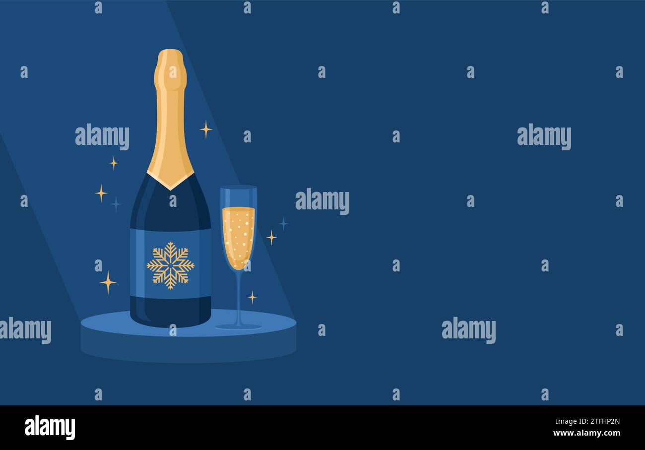 Bottle and glass of champagne or sparkling wine on pedestal under spotlight on blue background with copy space. Flat vector illustration Stock Vector