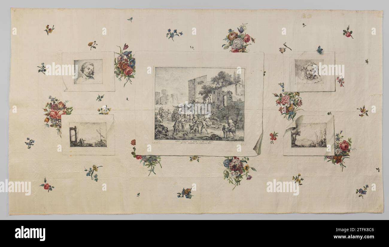 Silk tissue, painted à trompe l'Oeil with five prints against a background of flowers, c. 1770 - c. 1790 Silk tissue, painted à trompe l'Oeil, with five prints against a background of multicolored sprinkles and bouquets. The central print represents a landscape with ruins and figures. Two ports and two portraits on both sides. Maker: Netherlands (Possible) Print Maker: Tournai print Maker: Meissen silk Silk tissue, painted à trompe l'Oeil, with five prints against a background of multicolored sprinkles and bouquets. The central print represents a landscape with ruins and figures. Two ports and Stock Photo