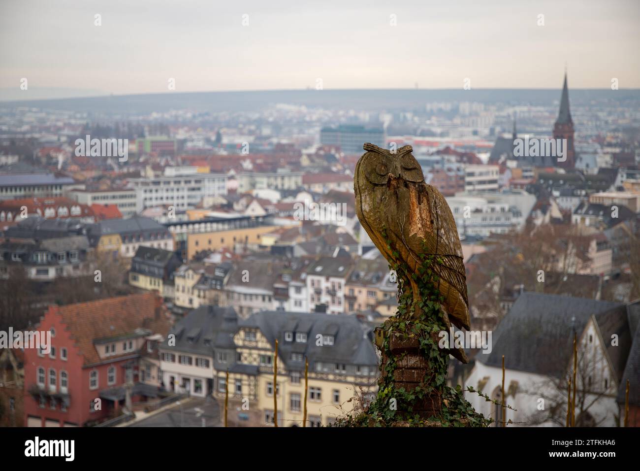 an owl carved out of wood with a city in the background Stock Photo