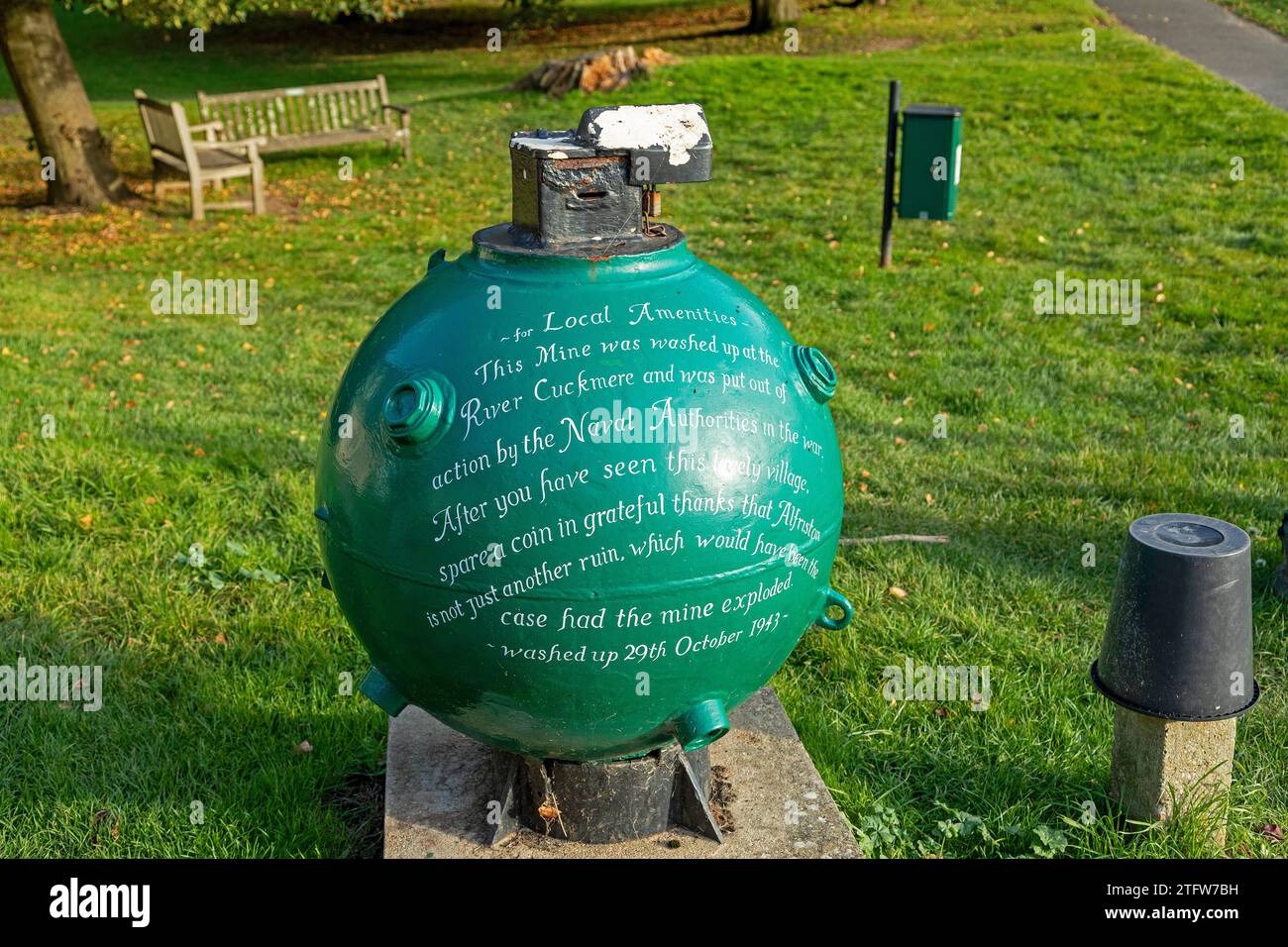 Bomb from World War Two which would have destroyed the whole village, if it had exploded, Alfriston, East Sussex, England, Great Britain Stock Photo