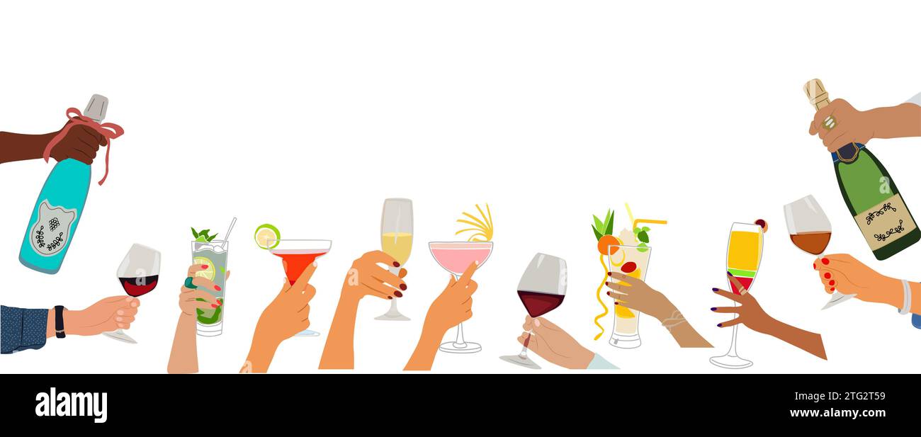 Christmas, New Year border hands holding drinks Stock Vector Image ...