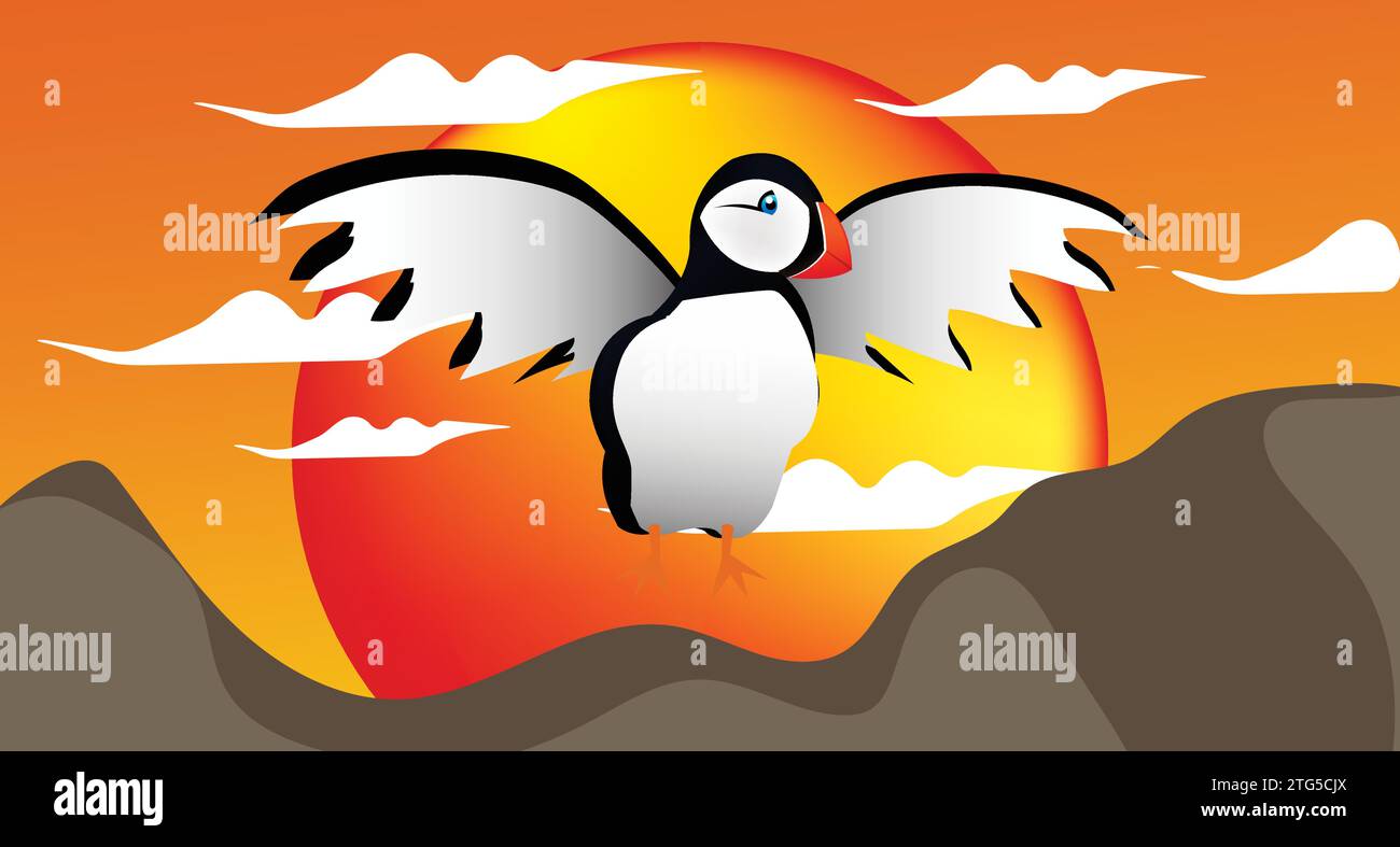 Sea Parrot with Wings Spread at Sunset Stock Vector