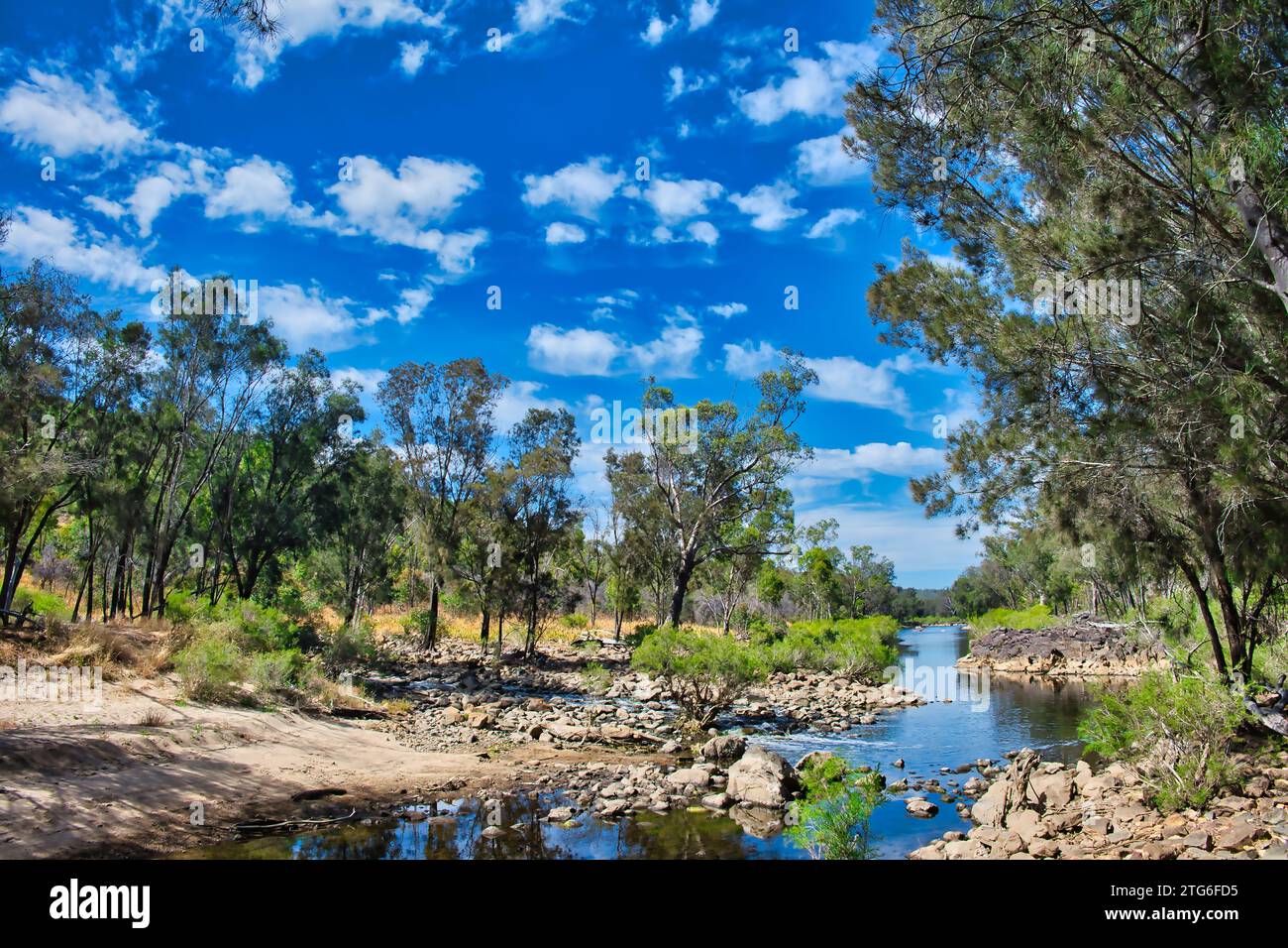 The peaceful Avon River flowing through the forest of Walyunga National Park, Western Australia, close to Perth. Stock Photo