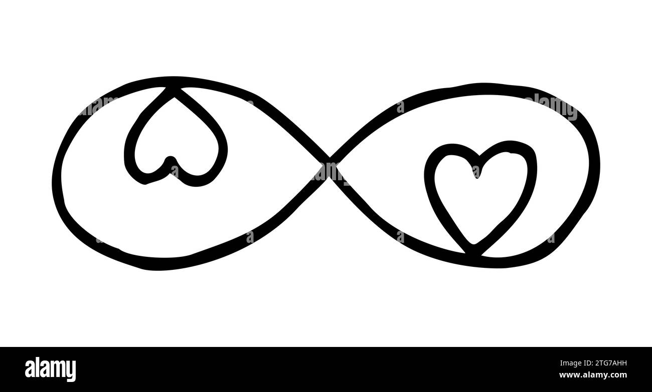 Infinity symbol with hearts. Icon hand drawn with ink brush. Modern