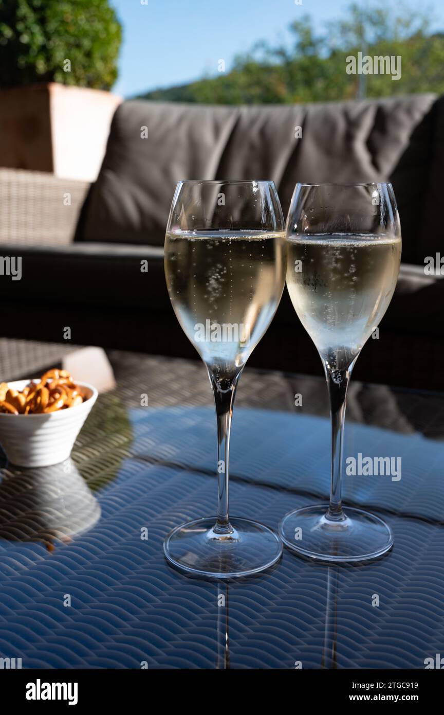 Wine tasting. Traditional method of production of cremant sparkling