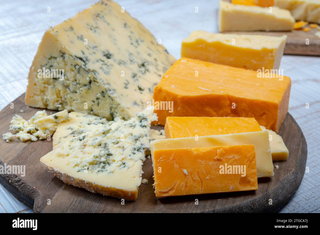 English cheeses collection, mature and coloured cheddar cheese and semi