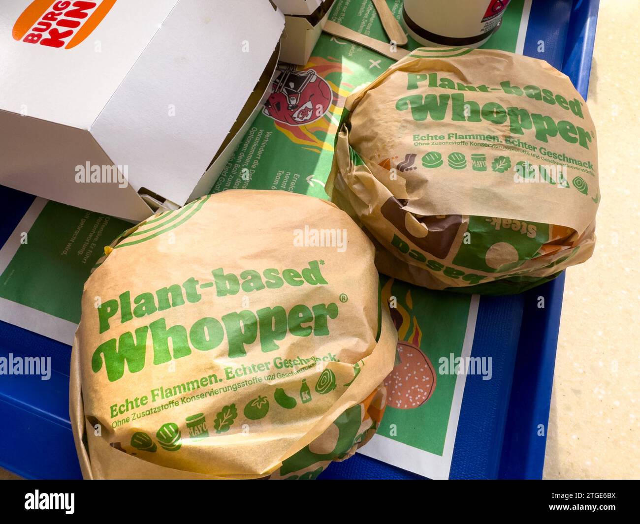 Bavaria, Germany November 26, 2023 Plant Based Whopper at Burger King on a tablet, vegan meat