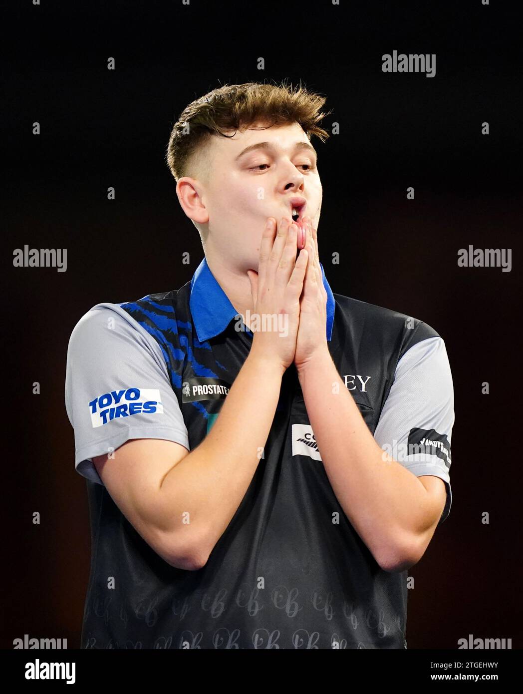 Owen Bates reacts during his match against Steve Lennon (not pictured