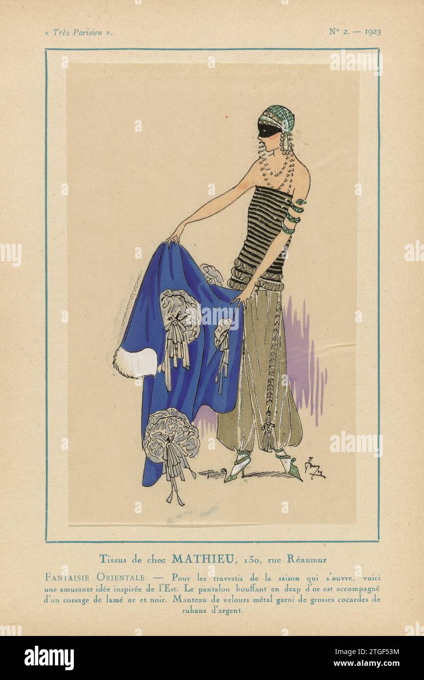 Inspired by Très Parisien, 1923, No 1: Tissus et Rubans de A. PREVOST ,  Casaque on a skirt of shiny crepe with matching hat; 'robe de style' of  taffeta. Print from the fashion magazine Très Parisien (1920-1936)., print  maker:, G-P. Joumard, Paris