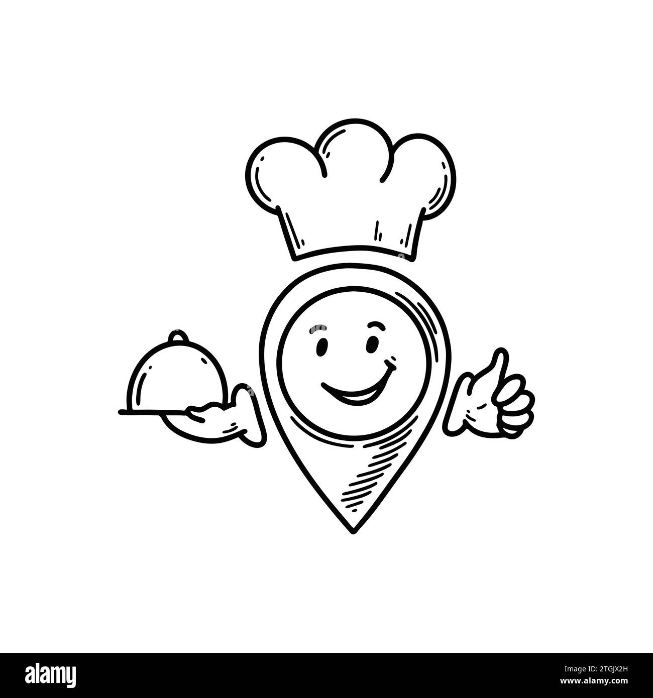 Cute line doodle restaurant location pin emoji. Freehand sketch pinpoint. Map address comic emoticon. Smiling funny character Stock Vector