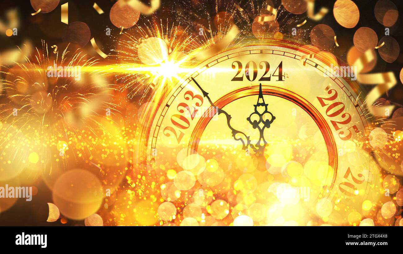 Vintage Gold Clock New Year 2024 With Confetti, Golden Bokeh Lights And