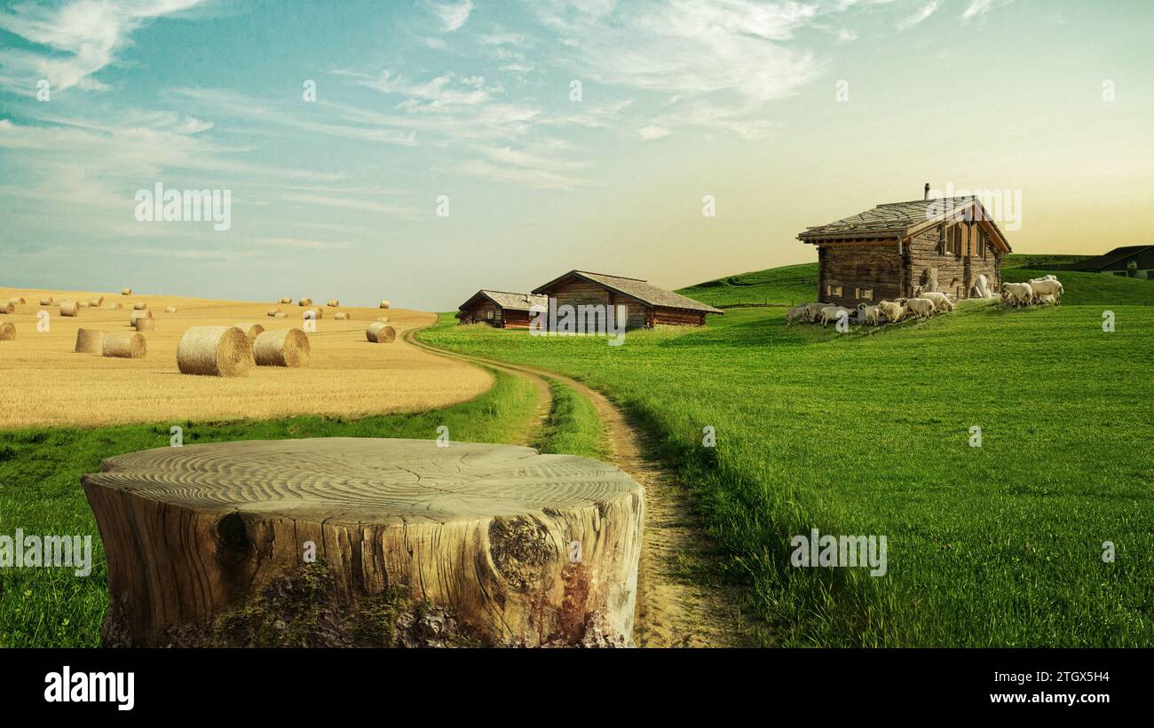 Tree Table Wood Podium In Farm Display For Food, Perfume, And Other Products On Nature Background, Table In A Farm With Grass, Houses, Sheep And Straw Stock Photo