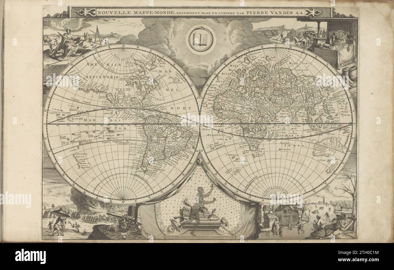 World Map, 1669 - 1733 Map of the world in two hemispheres: the western and eastern hemisphere. In the corners of the four seasons and/or the four elements. At the top of astronomy with plowing and sowing farmers in the fall behind it. In the air two astrological signs of autumn: archer and scales. In addition, the birds leave in the air for warmer places. In the foreground, a woman sits on two guns, coat of arms and a drum. She has a book and a palm branch in her hands and may symbolize the (temporary) peace or the military battle that has been suspended with a view to the approaching winter. Stock Photo