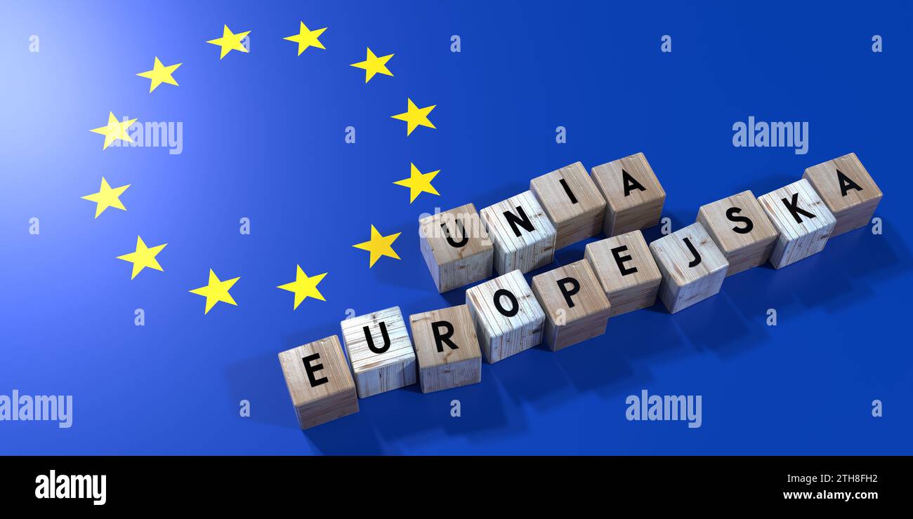 European Union in Polish - wooden cubes and country flag - 3D illustration Stock Photo