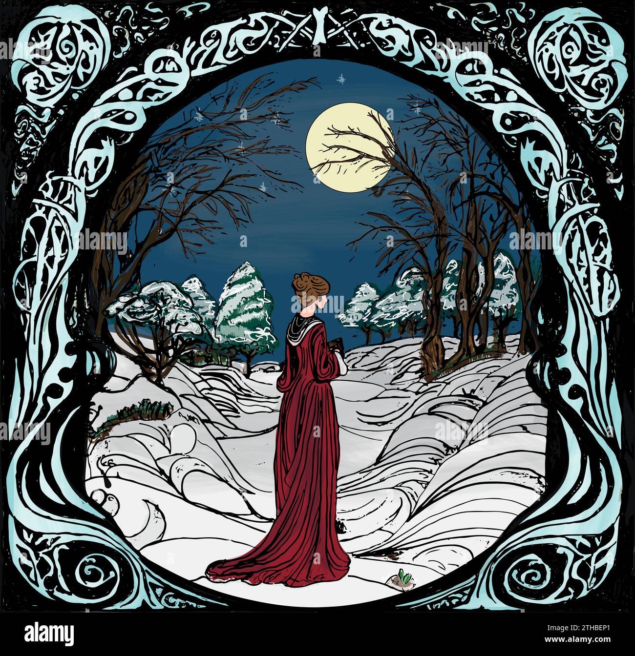 Art nouveau style illustration of a woman in a red cloak walking down snow covered forest path at night under fill moon Stock Vector
