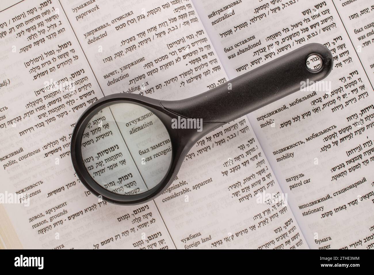 One magnifying lens on a Hebrew dictionary page, macro, top view. "The