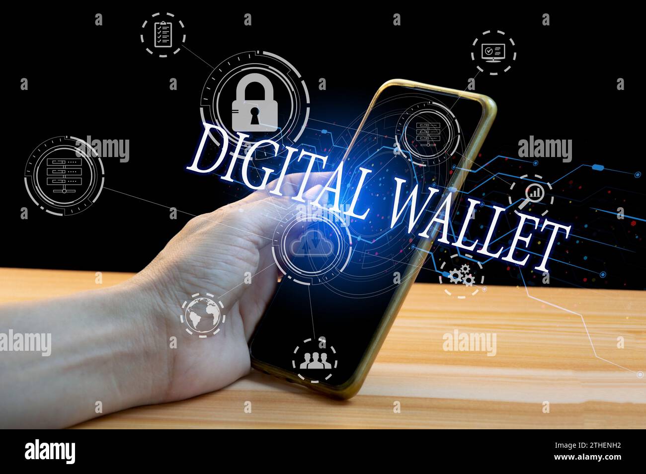 Digital Wallet concept that controls usage with blockchain and smart contacts Stock Photo