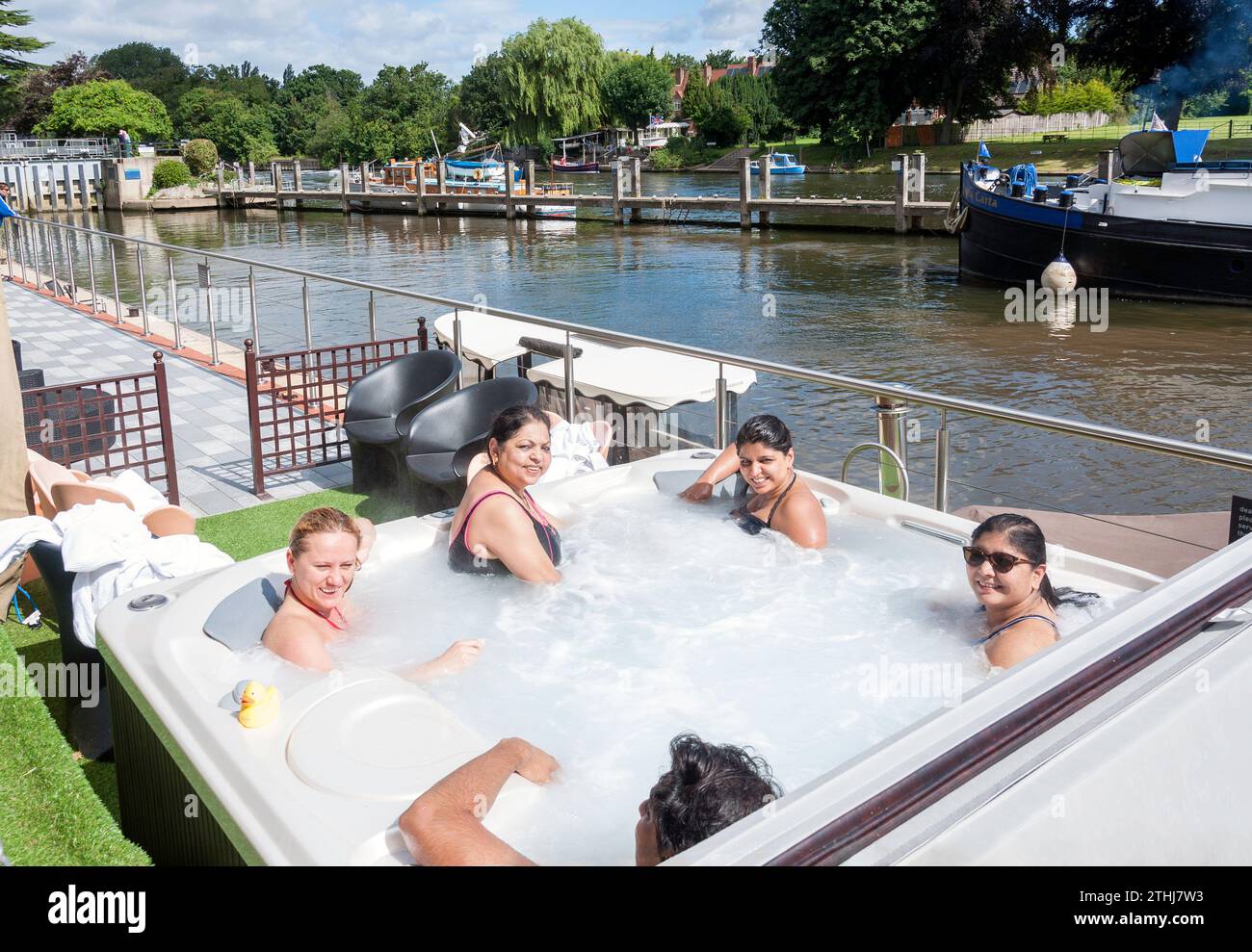 Outdoor spa pool by River Thames, Runnymede Hotel & Spa, Runnymede, Surrey, England, United Kingdom Stock Photo
