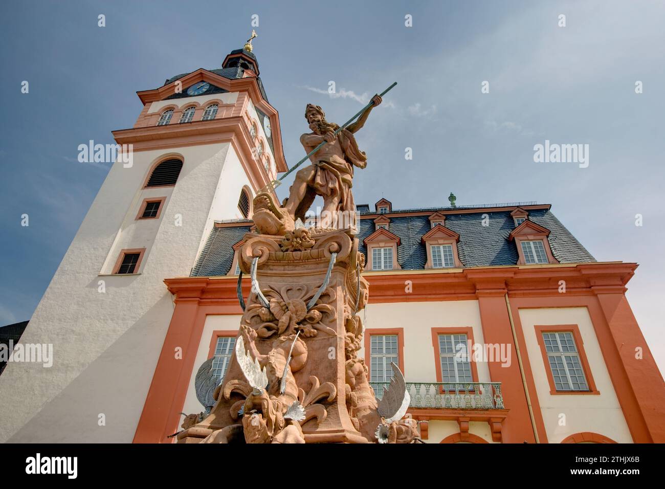 St. George the dragon slayer, city hall at market square, Weilburg an der Lahn, Hesse, Germany, Europe Stock Photo