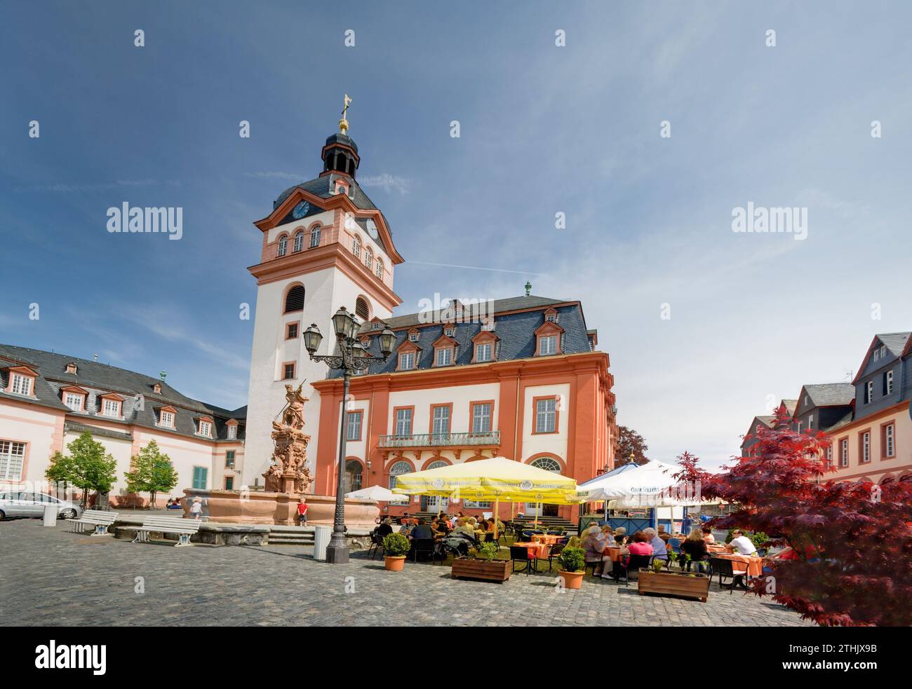 St. George the dragon slayer, city hall at market square, Weilburg an der Lahn, Hesse, Germany, Europe Stock Photo