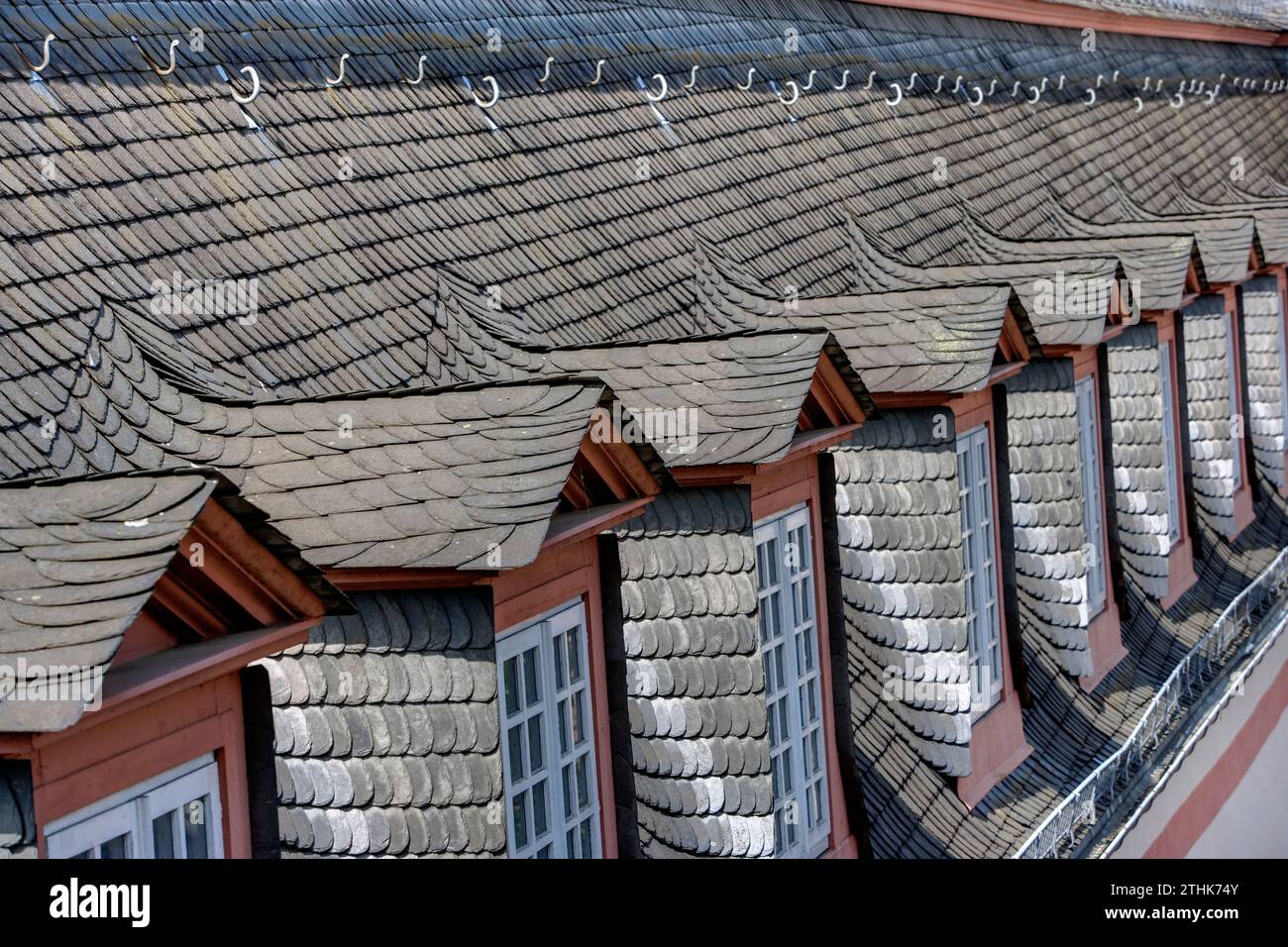 Slate roof with dormer windows, Weilburg Castle, Weilburg, Hesse, Germany, Europe Stock Photo