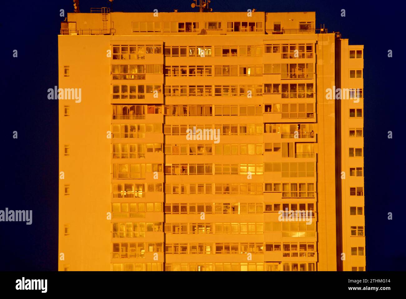 Windows in an apartment building. Sussex Heights, a residential tower block in the centre of Brighton, part of the English city of Brighton and Hove. Built between 1966 and 1968 it rises to 334 feet. Stock Photo