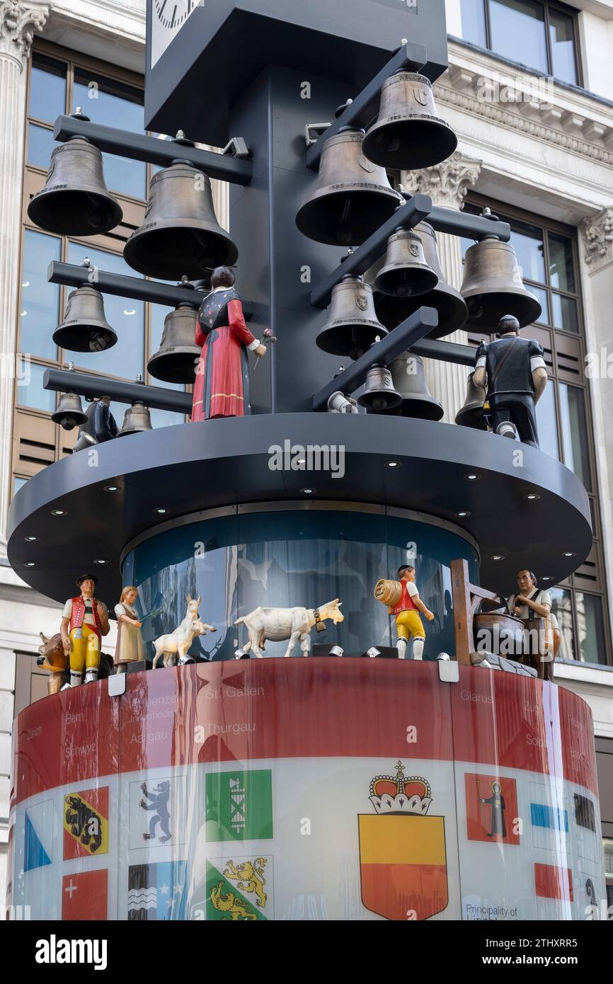 Swiss glockenspiel clock in Leicester Square on 16th October 2023 in