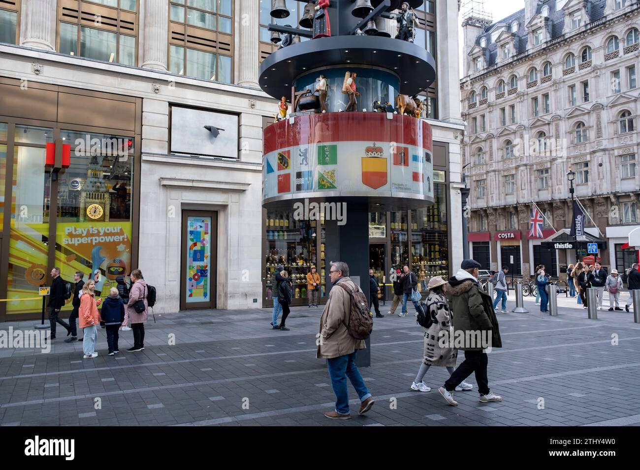 Swiss glockenspiel clock in Leicester Square on 16th October 2023 in