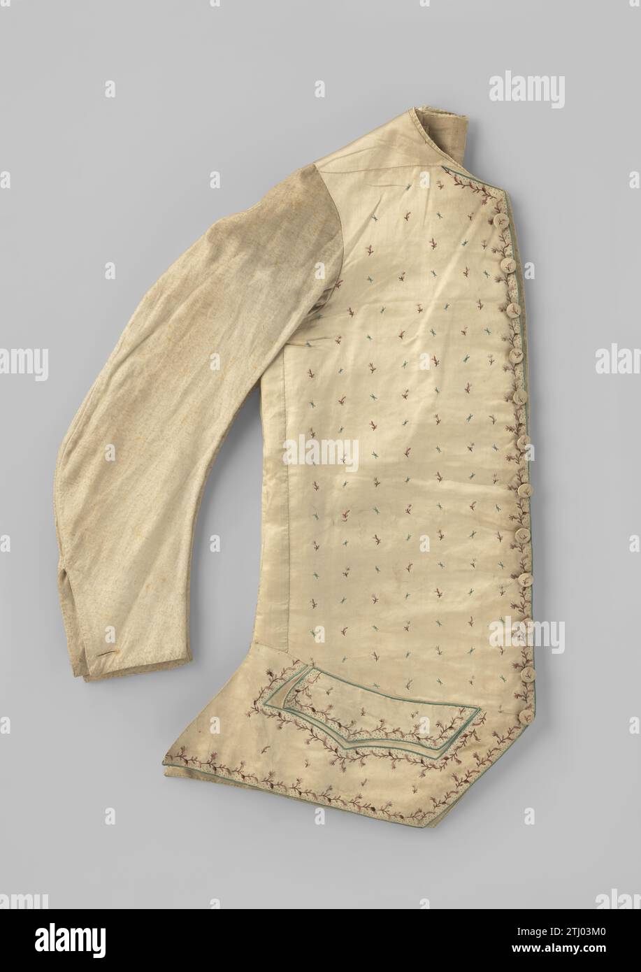 Cardar Satin cardigan, with embroidered floral scatter Motif in brown, cream and green and fine flower and leaf vessels in brown, pink, cream and green; sleeves and back of white flannel, anonymous, 1770 Cardigan of white silk satin, embroidered purple and green flower fits. White rusted linen sleeves. No collar, closed back.  silk. linen (material). satin. flannel embroidering Cardigan of white silk satin, embroidered purple and green flower fits. White rusted linen sleeves. No collar, closed back.  silk. linen (material). satin. flannel embroidering Stock Photo