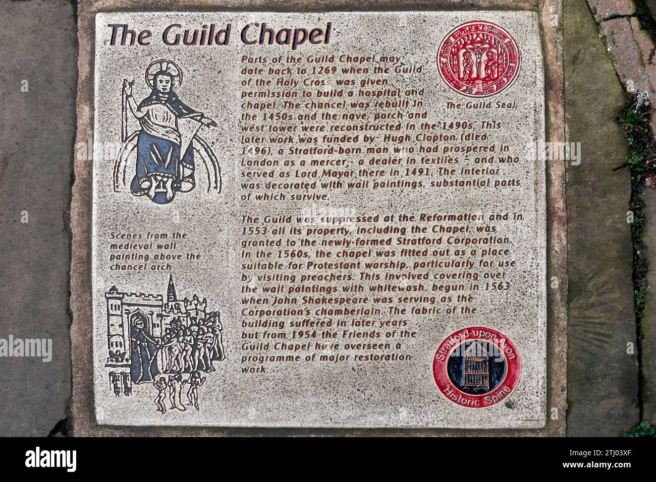 Street pavement description plaque of The Guild Chapel being a historic