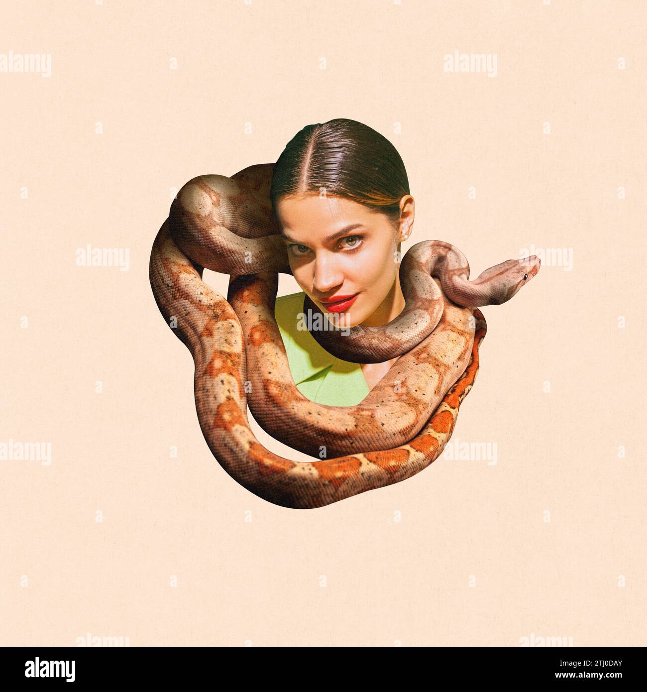 Contemporary art collage. Beautiful girl looks at camera playful with wrapped her neck and head yellow python against peach color background. Stock Photo