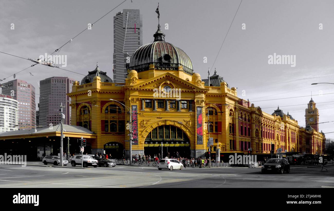 Flinders Street railway station is a train station located on the corner of Flinders and Swanston streets in Melbourne, Victoria, Australia. It is the second busiest train station in Australia, serving the entire metropolitan rail network, 15 tram routes travelling to and from the city, as well as some country and regional V/Line services to eastern Victoria.[5] Opened in 1854, the station is the oldest in Australia  Credit: BSpragg Stock Photo