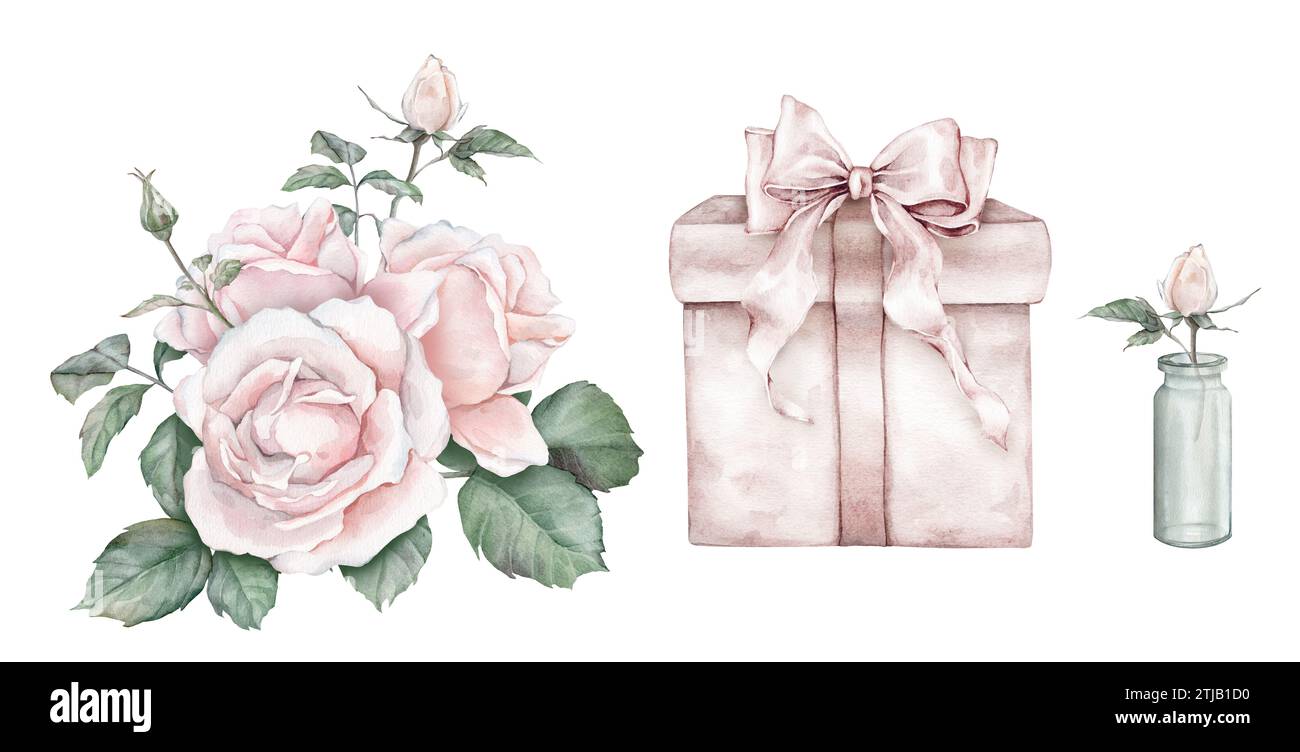 Watercolor set composition from peach fuzz color roses and green leaves ...