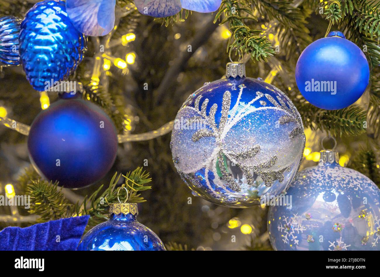 Dark blue Christmas balls on Christmas tree. Christmas and New Year's decor. Stock Photo