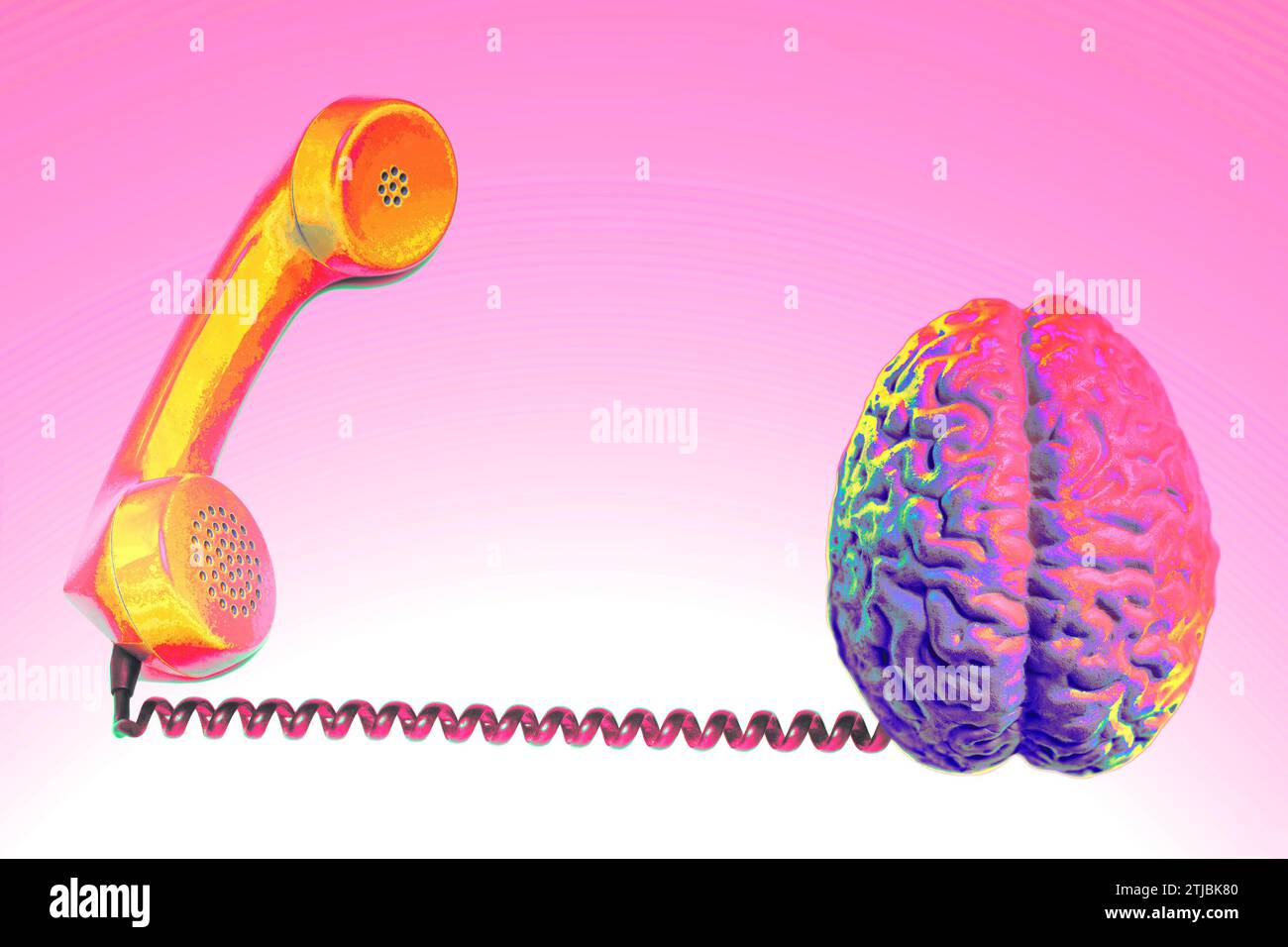 Telephone receiver with human brain anatomical model isolated on white