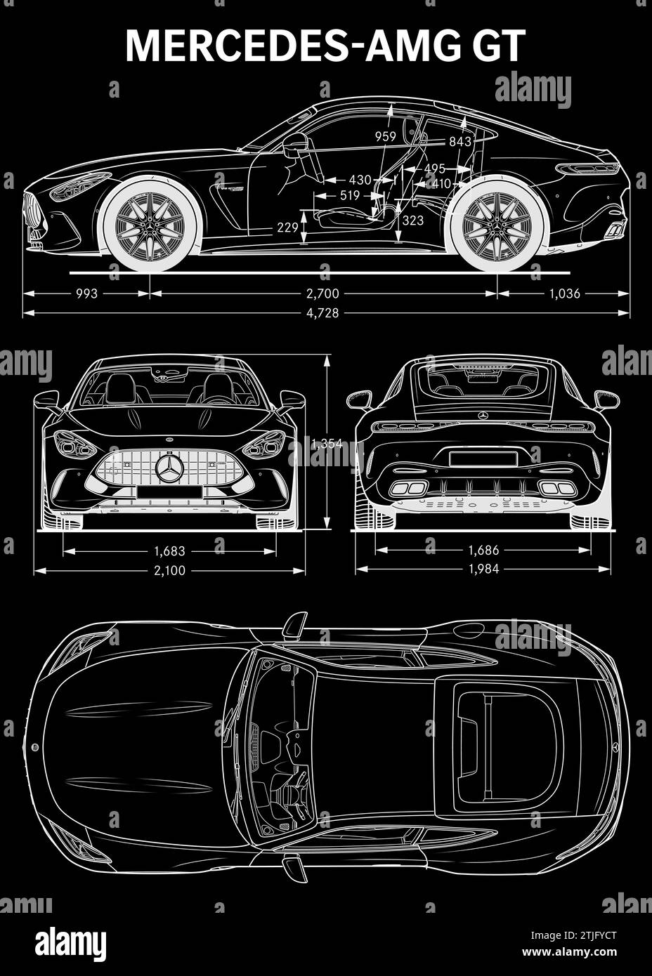 Mercedes AMG GT 2024 Car Blueprint Stock Vector
