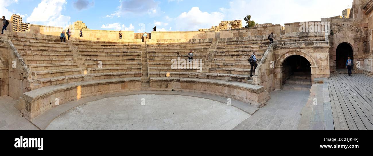 Section of the Roman Theatre, Amman, Jordan. Temple of Hercules, Amman. Roman Theatre of Amman is a 6,000-seat, 2nd-century Roman theatre. A famous landmark in the Jordanian capital, it dates back to the Roman period when the city was known as Philadelphia. The theatre and the nearby Odeon are flanking the new Hashemite Plaza from the south and the east respectively, while the Roman Nymphaeum is just a short stroll away in north-westerly direction. Credit: JHelebrant Stock Photo