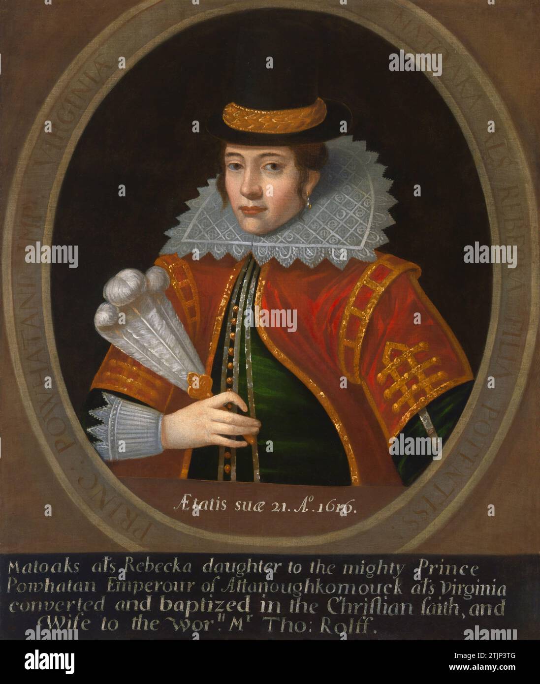 Portrait of Pocahontas, c.1595-1617 by an Uunidentified Artist / copy after Simon van de Passe. Born in present-day coastal Virginia, Matoaka, also known as Pocahontas, grew up among Algonquian-speaking Powhatan people overseen by her father. In 1613 an English sea captain kidnapped and ransomed her for corn, guns, and prisoners. While in captivity she was converted to Christianity, took the name Rebecca, and married the tobacco farmer John Rolfe.    An optimised version of an image of a painting in the National Portrait Gallery/Smithsonian. Stock Photo