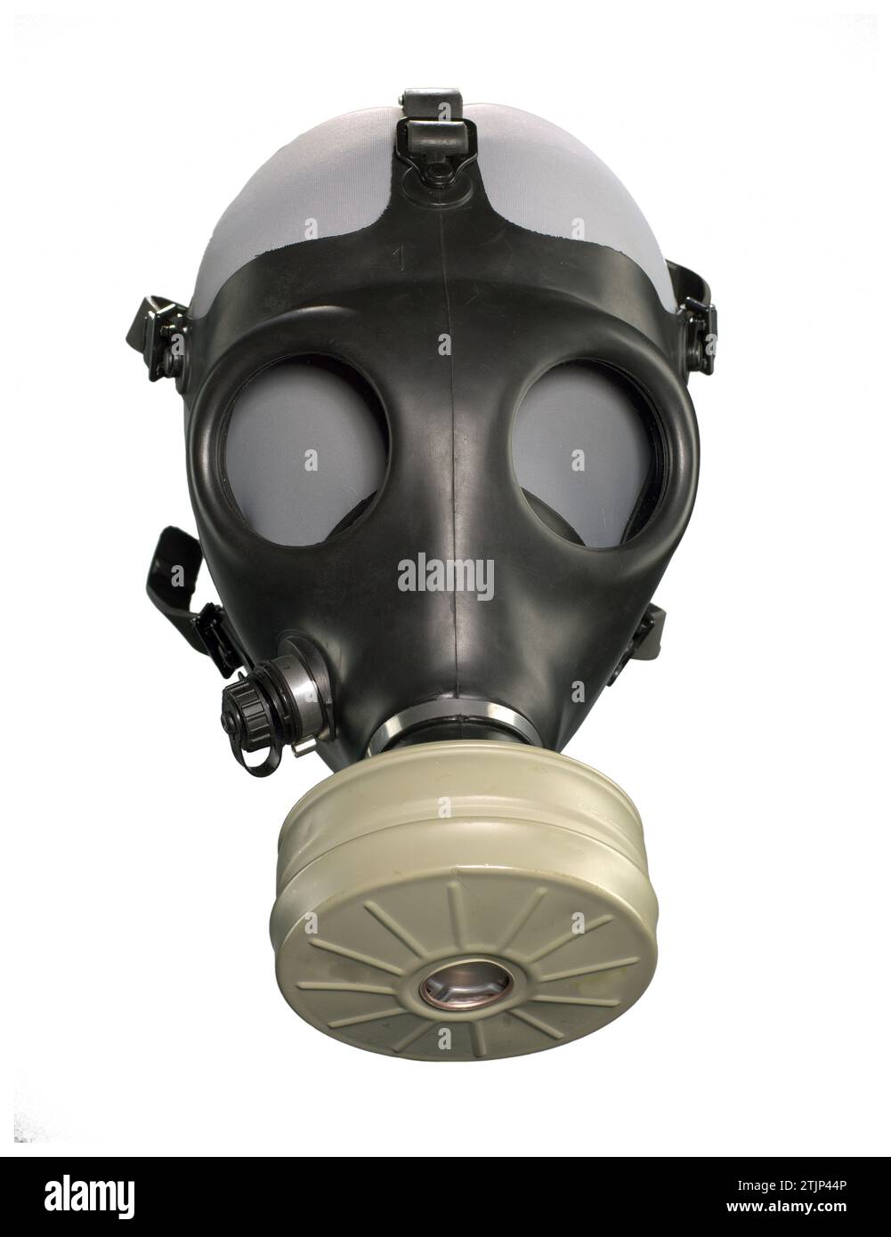 Gas mask made by Shalon Chemical Industries Ltd. Adult model 4A1. Nuclear, Biological, & Chemical (NBC), black, rubber gas mask, with a Type 80, NBC filter canister. The mask has 5 head straps with plastic buckles that secure the mask on the wearer behind the head, an interior seal, 2 plastic view lenses secured to the mask with screws, & a plastic voicemitter attached to the nose cup. There is a plastic hydration port on the proper right side of the mask  Optimised version of a photograph of an object in the Collection of the Smithsonian National Museum of African American History & Culture Stock Photo