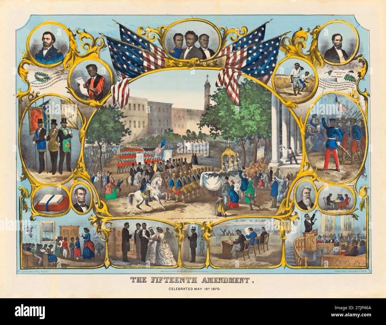 Illustration depicting the Fifteenth Amendment by an unknown artist after James Carter Beard 1837 – 1913. Lithographer Thomas Kelly.Sitter Ulysses Simpson Grant;Martin Robison Delany;Frederick Douglass;Hiram Rhoades;Schuyler Colfax John;Abraham Lincoln. This print features a festive parade held in Baltimore, May 1870, to celebrate the ratification of the 15th Amendment to the Constitution (1870), which granted the right to vote to male citizens regardless of “race, colour, or previous servitude”  An optimised version of an illustration in the National Portrait Gallery, Smithsonian Institution Stock Photo