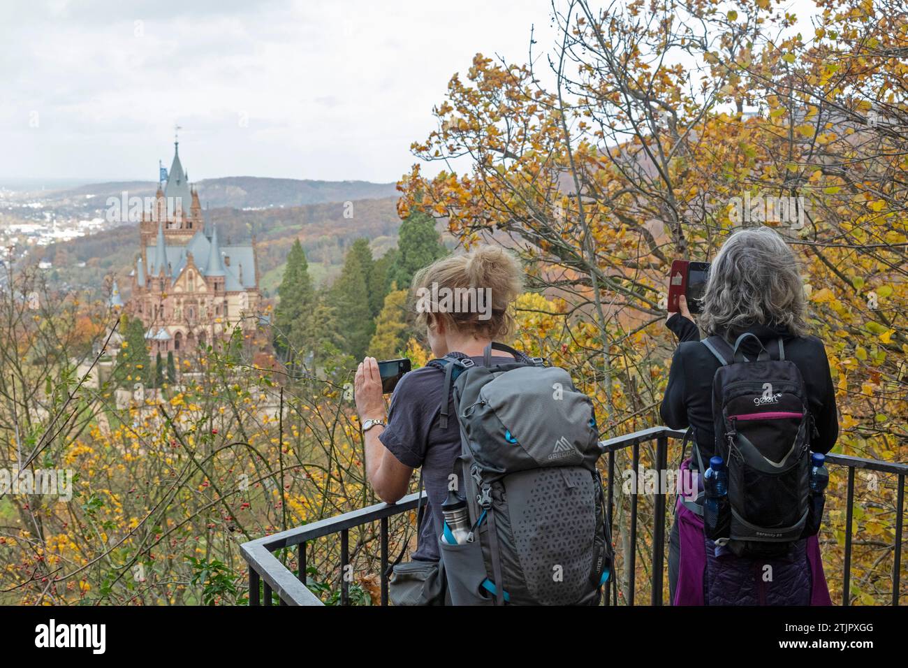Tourists taking photos of  Drachenburg Castle, Dragon´s Rock, Königswinter, North Rhine-Westphalia, Germany Stock Photo