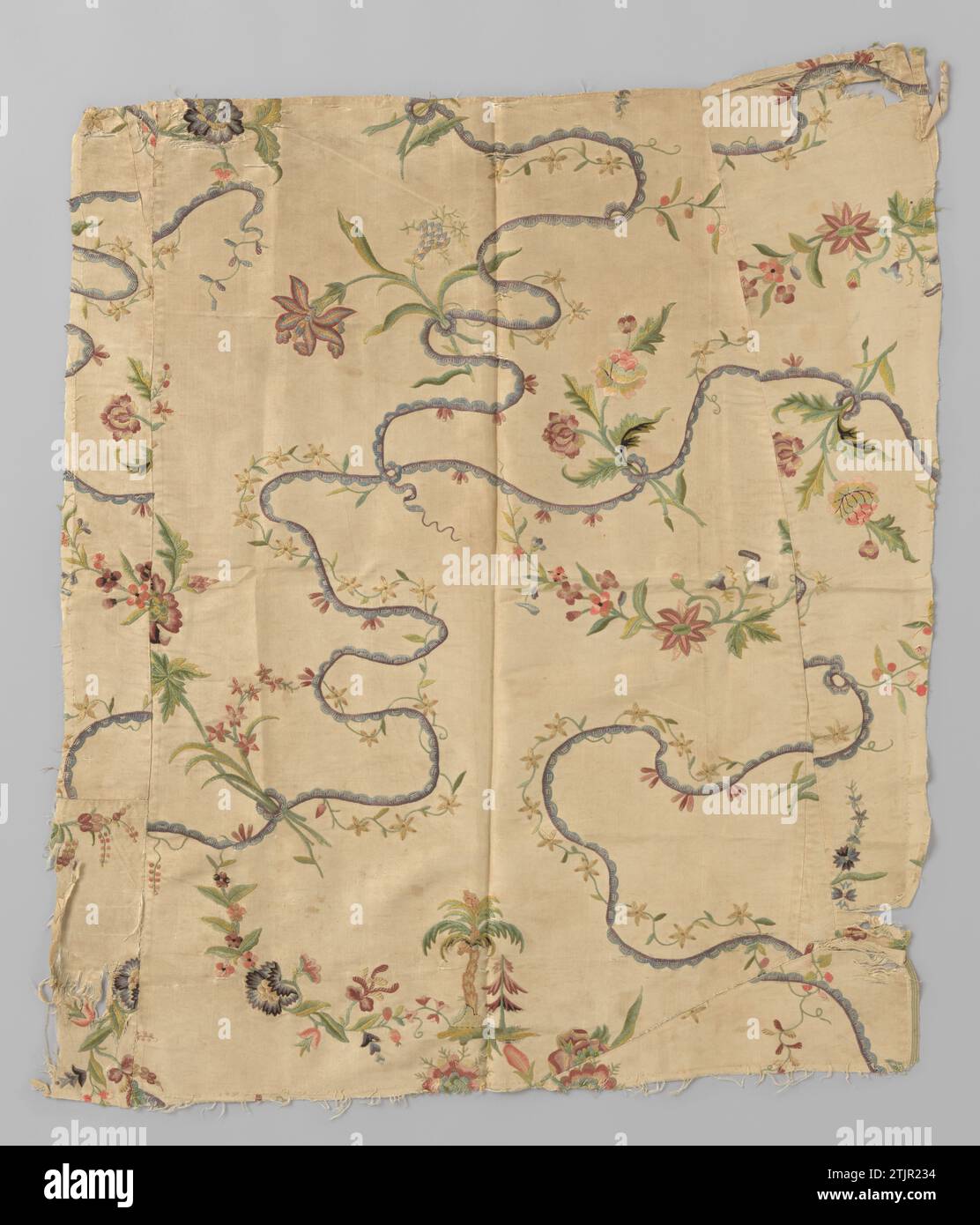 Fragment Department of cream -colored rips side with colorful embroidery with whimsical winding ribbons with, among other things, palm trees and foliage huts (?), Branches and tendrils ,, 1740 - 1760 Fragment tranquility of cream-colored rips side with colorful embroidery of symmetrical-wide and whimsical, scalloped ribbons of half light blue, half purple. At large distances there are alternating a palm tree and a overgrown pergola (foliage huts?). Loose branches with nuanced colored flowers are bound in a loop of ribbons, while thinner tendrils with fine flowers swing around the ribbons. Fran Stock Photo