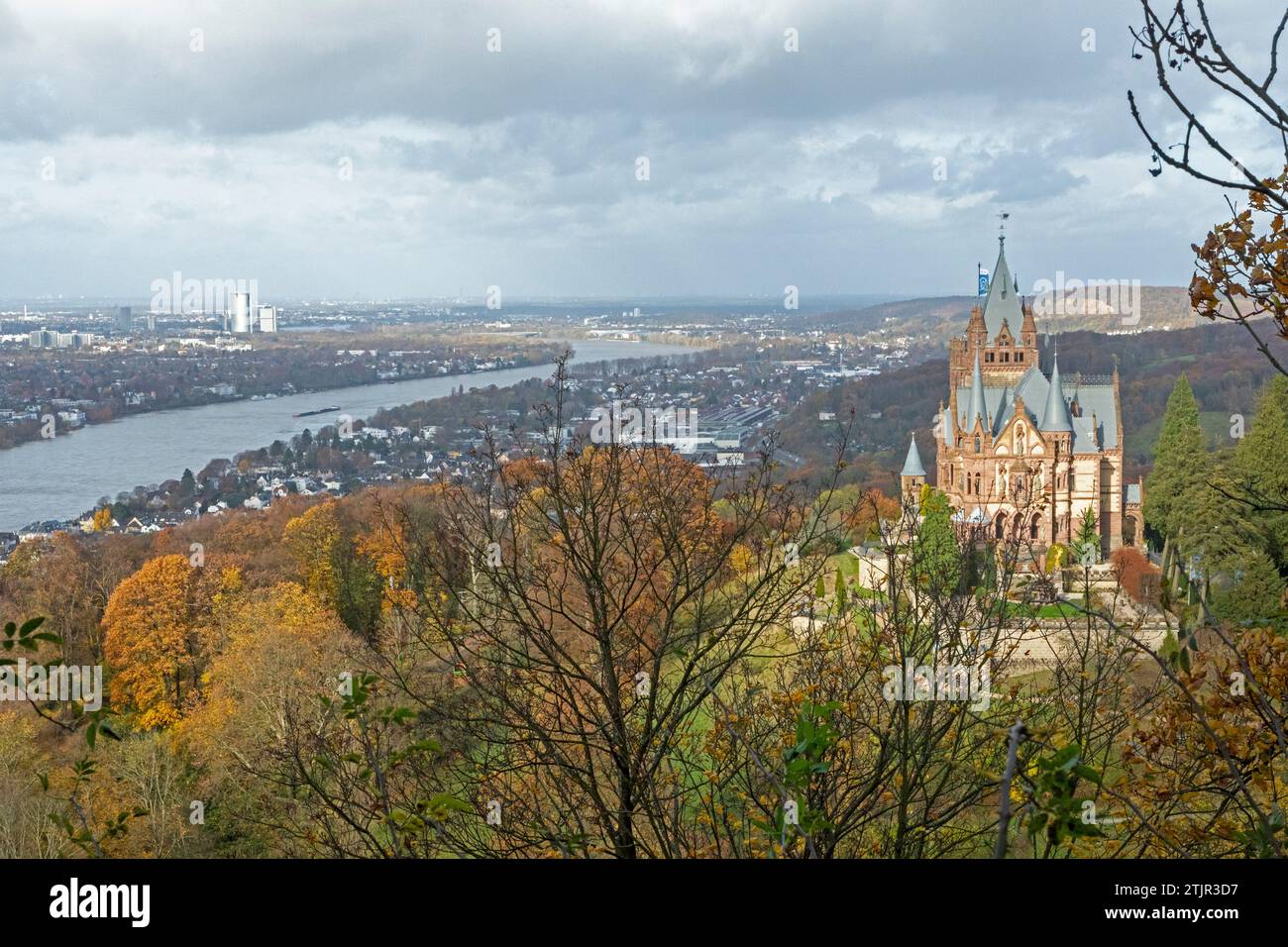 View of River Rhine and Bonn, Drachenburg Castle, Dragon´s Rock, Königswinter, North Rhine-Westphalia, Germany Stock Photo