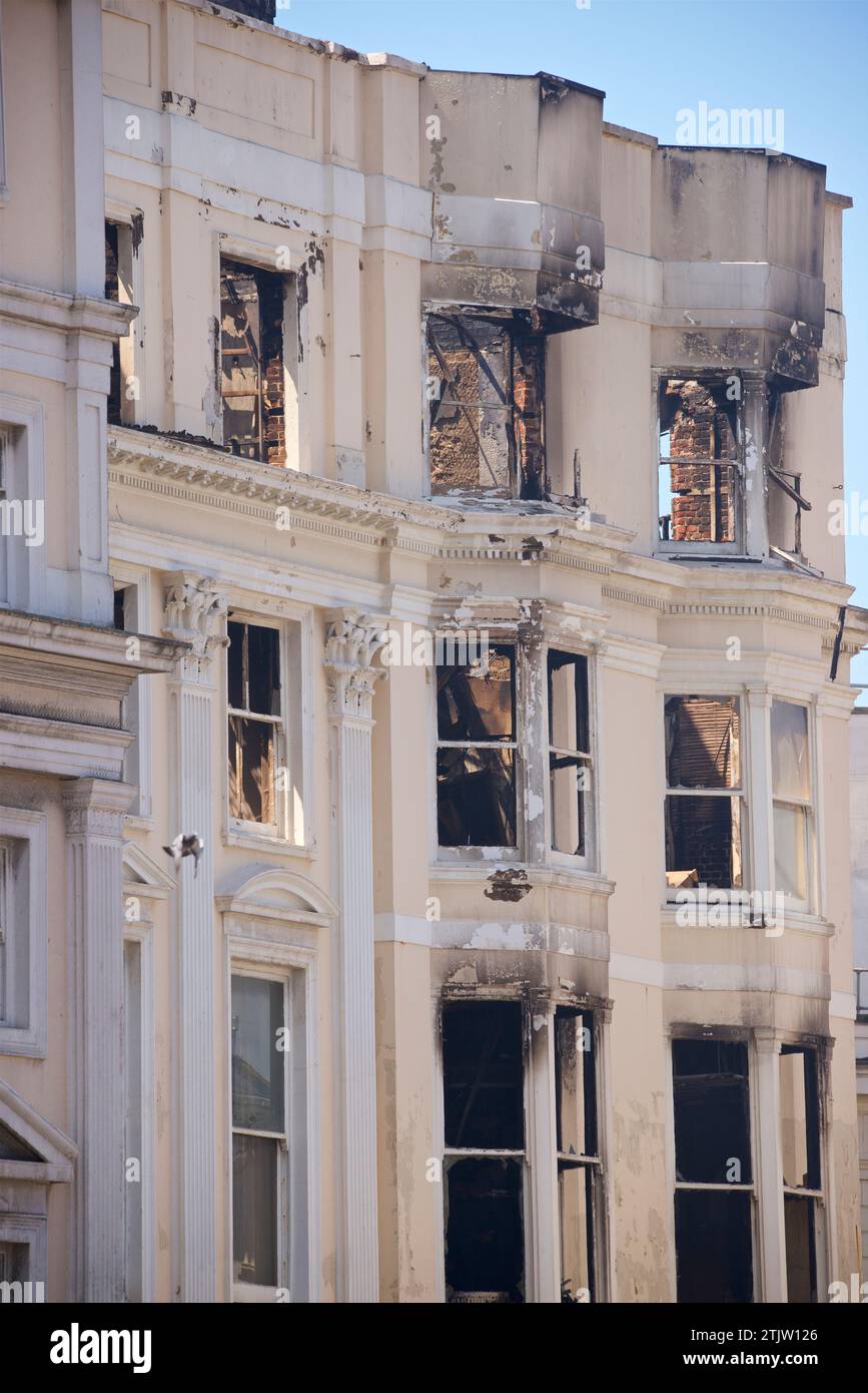 This annex to the Royal Albion Hotel was devastated by a fire that broke out on the fourth floor on 15 July 2023, a fire. Demolition of the gutted part of the hotel began on 19 July 2023. Brighton, East Sussex, England, United Kingdom. Stock Photo