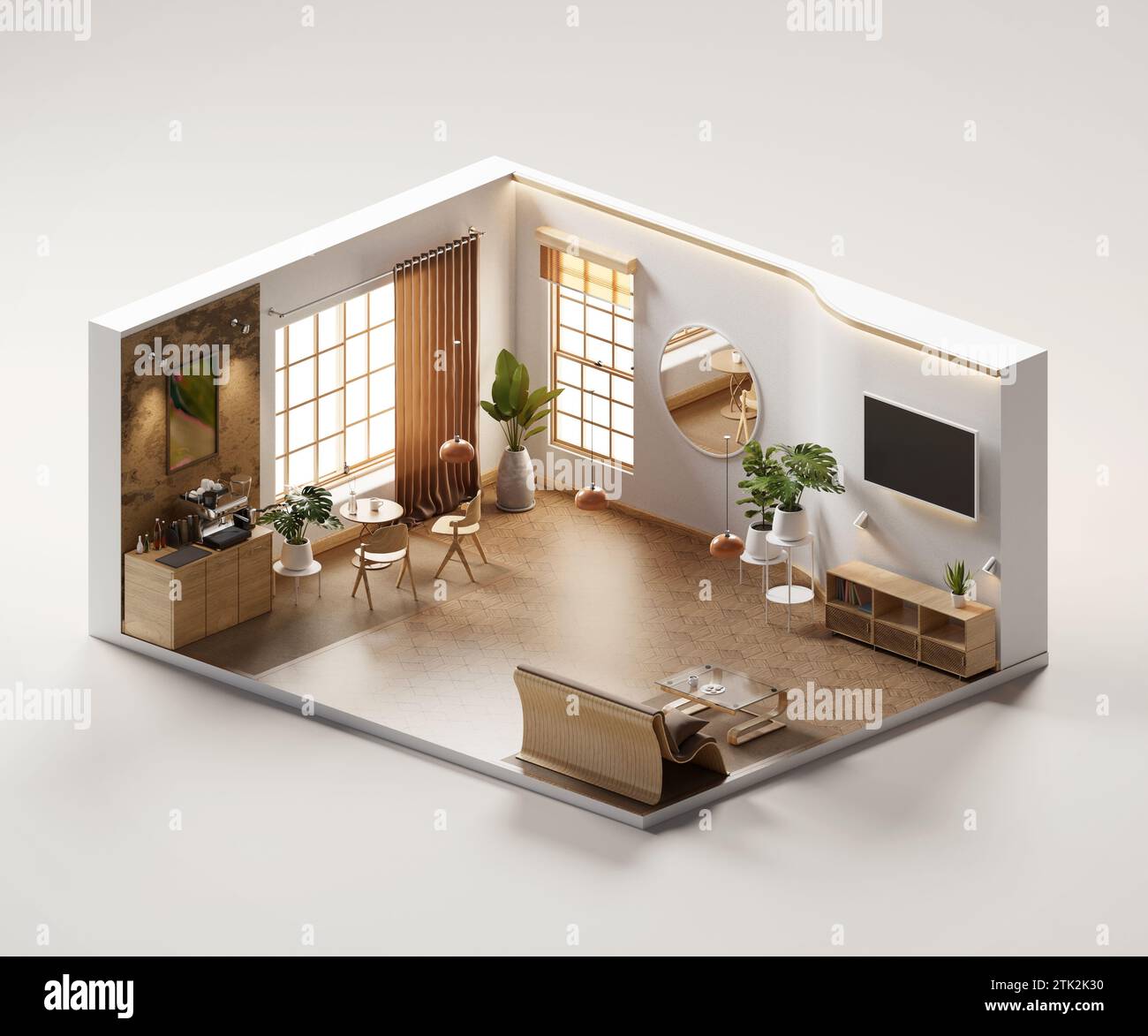 Isometric view living room muji style open inside interior architecture ...