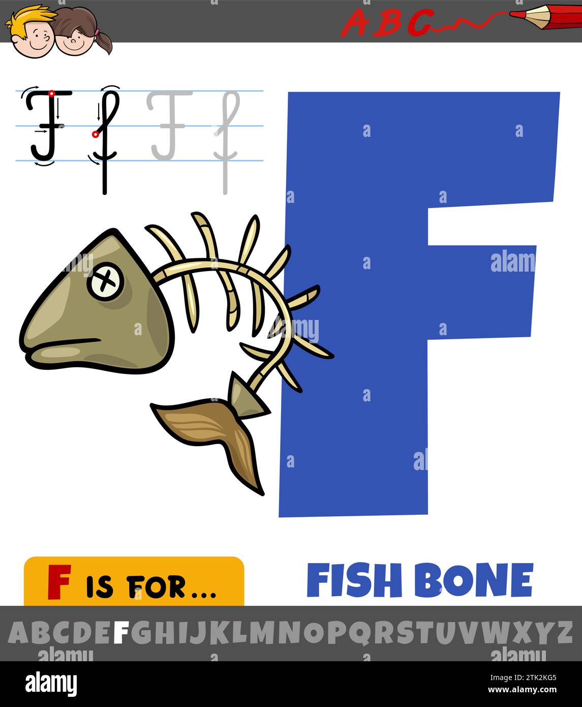 Educational cartoon illustration of letter F from alphabet with fish bone Stock Vector